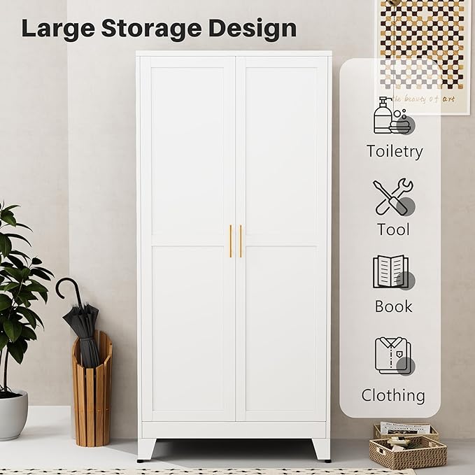 Metal Pantry Cabinet with 2 Doors and Adjustable Shelves - 71" Kitchen Storage Cabinet with Gold Handles - Versatile Storage for Kitchen, Bathroom, Dining Room, Utility Room - White
