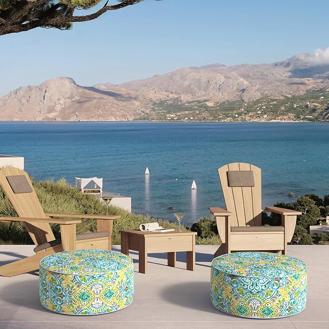 Inflatable Ottoman Stool D21 xH9 for Outdoor/Indoor Use, Water Repellent Patio Foot Rest Stool with Portable Handle,Round Pouf Ottoman Suitable for Garden,Deck and Camping - Damask Green