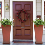 KOL 25''H. Galvanized Steel Planter with Saucer, Tall Glazed Planter Pots for Indoor & Outdoor Use, Set of 2, Decorative Flower Plant Pots with Drainage Hole for Porch, Patio, Deck - Reddish Brown