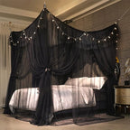 VETHIN 4 Corners Post Ruffle Princess Bed Canopy Curtain-Double Layer Cozy Drape Netting 4 Opening Mosquito Net for Girls Adults Bedroom Decoration (Double-Black,78" W*86" L*82"*H/King)