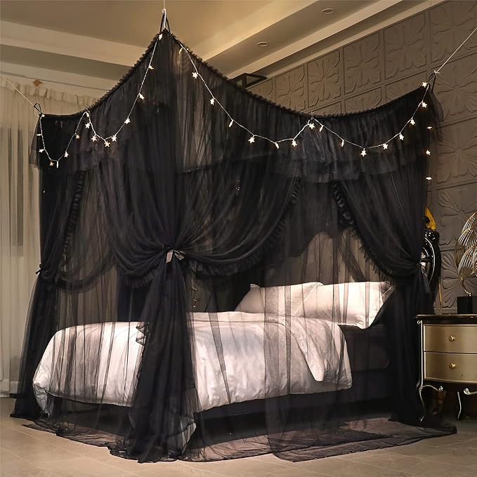 VETHIN 4 Corners Post Ruffle Princess Bed Canopy Curtain-Double Layer Cozy Drape Netting 4 Opening Mosquito Net for Girls Adults Bedroom Decoration (Double-Black,64" W*82" L*82"*H/Queen)