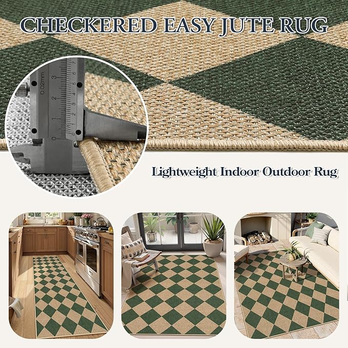Lahome Checkered Kitchen Runner, 2x8 Easy Jute Runner Rug for Hallway Entryway, Farmhouse Indoor Outdoor Non Slip Non Shedding Green Carpet for Laundry Bedroom Porch Corridor