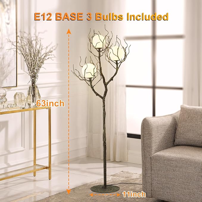 Tree Branch Floor Lamp for Living Room, 3-Light Gothic Moon Branch Floor Lamp, Wood Grain Resin & Metal Base for Farmhouse, Bedroom, Office,Halloween Decor(63")