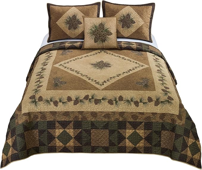 Donna Sharp King Polyester Bedding Set - Antique Pine Lodge Quilt Set with Quilt, Two King Pillow Shams and One Decorative Pillow - Machine Washable