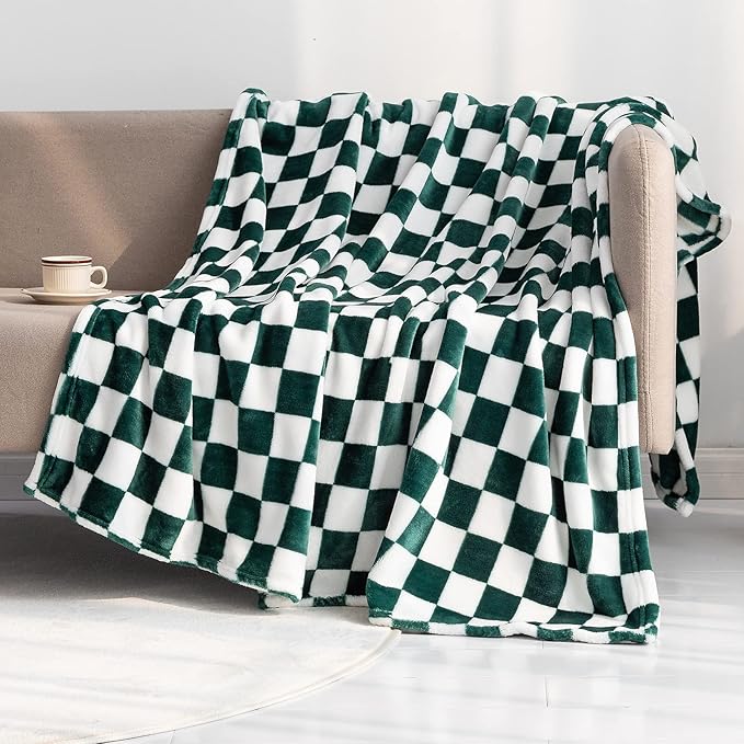 LOMAO Throw Blankets Flannel Blanket with Checkerboard Grid Pattern Soft Throw Blanket for Couch, Bed, Sofa Luxurious Warm and Cozy for All Seasons (Green, 60"x80")