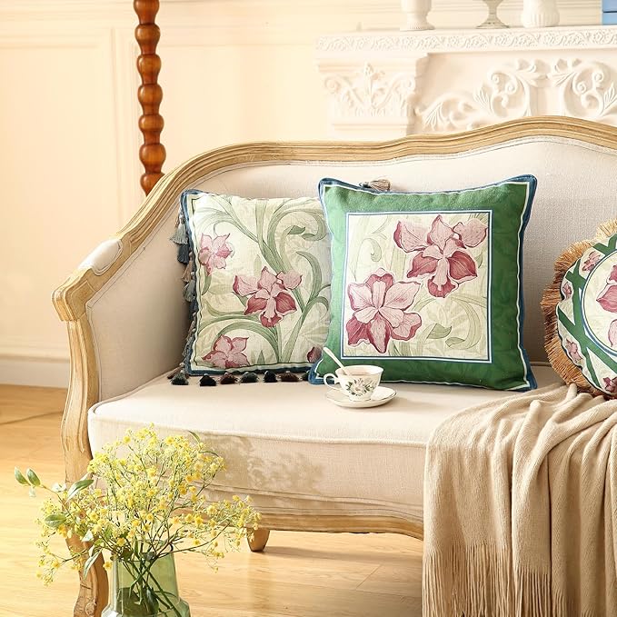patdrea Designer Throw Pillow Covers Set of 4,French Elegant Green Linen with Iris Floral Collection Pattern Pillow Covers,Decorative Lumbar Square Round Pillowcases Cushion for Bed Living Room