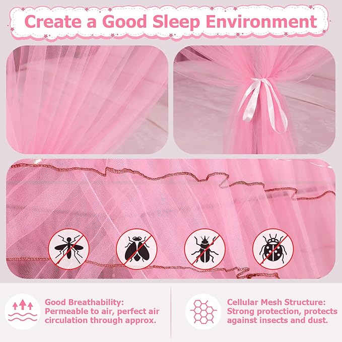 Twin Size Bed Canopy with Lights, Bed Canopy for Girls Princess with Luminous Stars, Canopy Bed Curtains for Twin Bed Kids Indoor Decor Bedroom, 4 Corner Post Bunk Bed for Student Dormitory, Pink