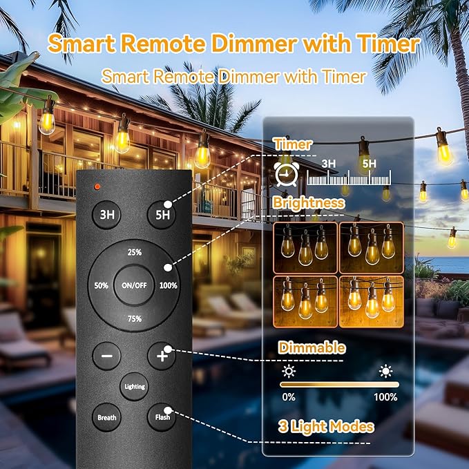 Outdoor String Lights Patio LED Light Outside - 20M 18+1 S14 LED with Remote Control 65ft Porch Lighting IP65 Waterproof