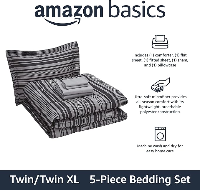 Amazon Basics 5-Piece Lightweight Microfiber Comforter Set with Sheets ,Bed-in-a-Bag Sheets, Gray Calvin Striped Bedding, Twin/Twin XL