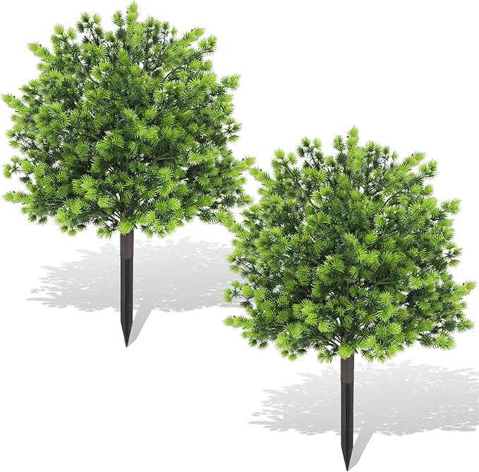 Artificial Boxwood Topiary Ball Trees with Ground Spikes UV Resistant Faux Greenery Shrubs Fake Shrubs for Outdoors, Realistic Faux Plants Bushes for Garden Porch Yard Patio Decor (Green Pine)