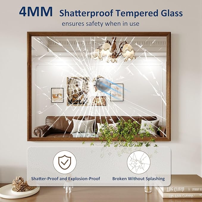 WEER Bathroom Mirror, 40x30 Inch Wall Mirror, Walnut Wood Grain Framed Mirror, Rectangle Vanity Mirror, Tempered Glass, Anti-Rust, Hangs Horizontally or Vertically