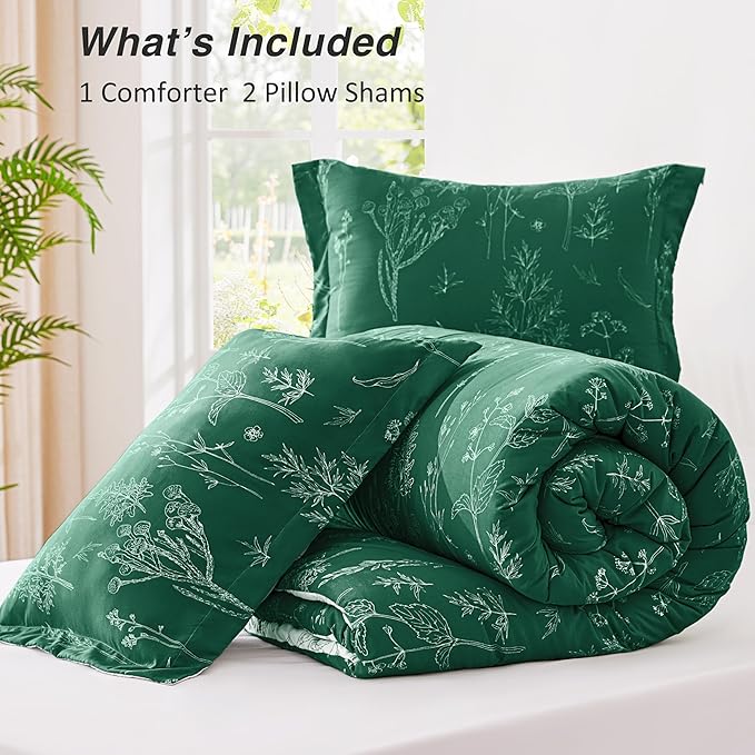 Love's cabin Emerald Comforter Set King - King Size Comforter Set, 3 Pieces Cute Floral Bedding Sets for All Seasons,1 Soft Reversible Botanical Flowers Comforter and 2 Pillow Shams