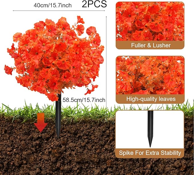 2 Bundles Artificial Eucalyptus Morning Glories with Ground Spikes,21.65 Inch Artificial Fall Flowers Faux Mums, UV Resistant Faux Shrubs Fake Mums for Outdoor Garden Fall Decor(Orange)