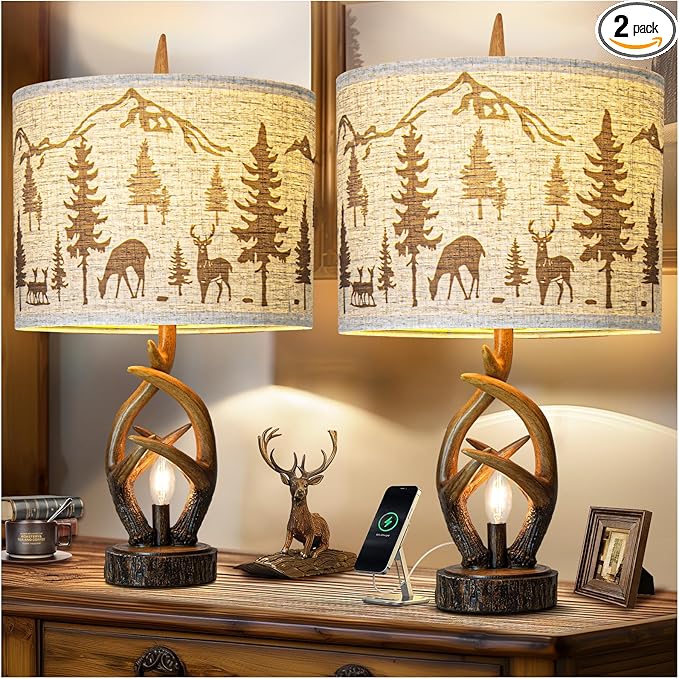 Farmhouse Deer Antler Table Lamp Set of 2 For Living Room with USB Ports, Rustic Bedside Lamp with Nightlight For Bedroom, linen Fabric Shade Vintage Nightstand Lamps For Hotel Bar Country House