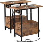 LIDYUK End Table with Charging Station, Narrow Side Table with Drawer and USB Ports & Power Outlets, Nightstand Bedside Tables for Small Spaces, Bedroom, Living Room, Rustic Brown, Set of 2