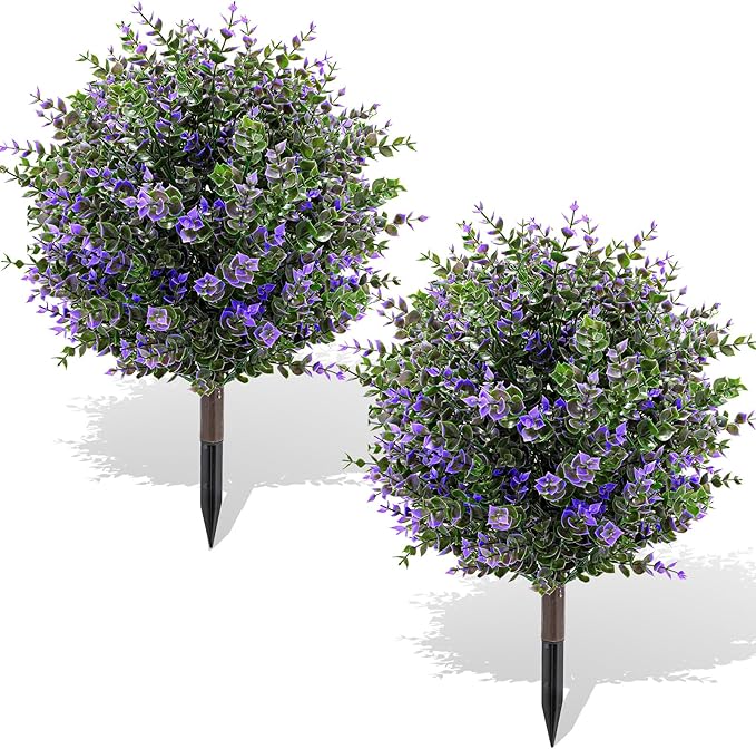 Artificial Boxwood Topiary Ball Trees with Ground Spikes UV Resistant Faux Greenery Shrubs Fake Shrubs for Outdoors, Realistic Faux Plants Bushes for Garden Porch Yard Patio Decor (Purple Green)