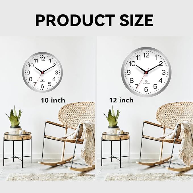 AKCISOT Atomic 10 Inch Wall Clock Analog Clocks for Indoor Kitchen, Battery Operated Clock for Bedroom Office Classroom Living Room(Silver)