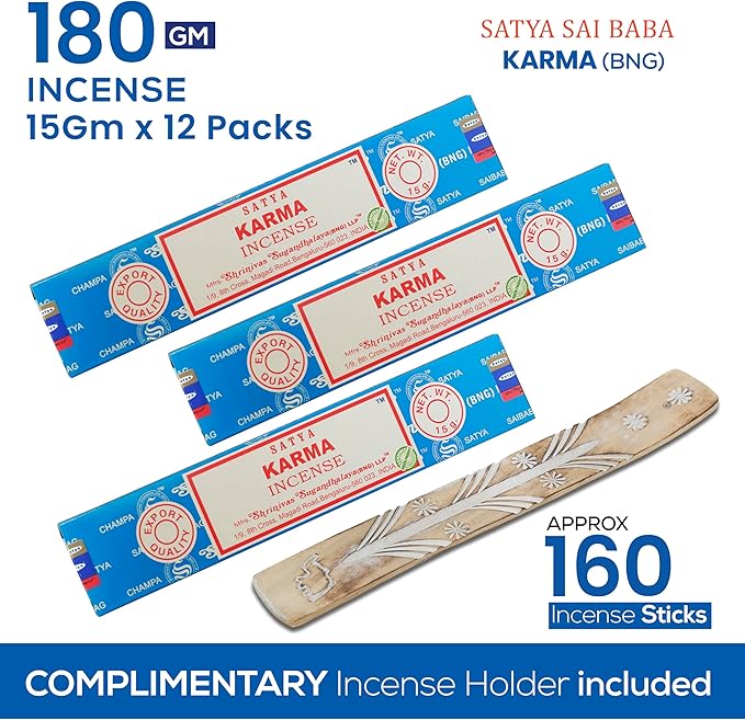 Satya Karma Incense Sticks, Satya Bng (Bangalore) Insenses 15gmx12 Pack with Raajsee Incense Holder Bundle, Satya Nagchampa Natural Incense