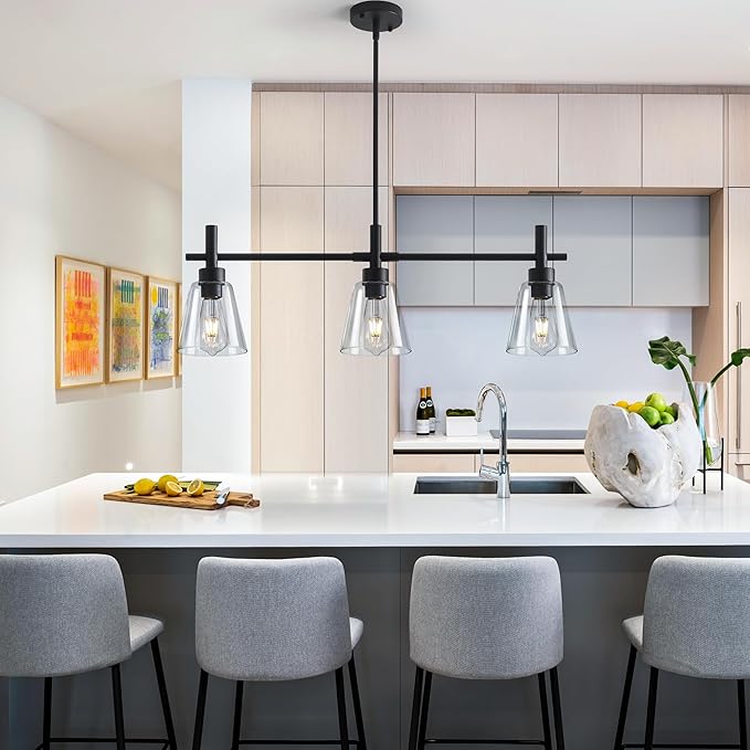 Black Kitchen Island Lighting, 3-Lights Modern Dining Room Light Fixture, Farmhouse Pendant Light Fixtures with Glass Shades, Adjustable Rectangle Linear Chandelier for Living Room