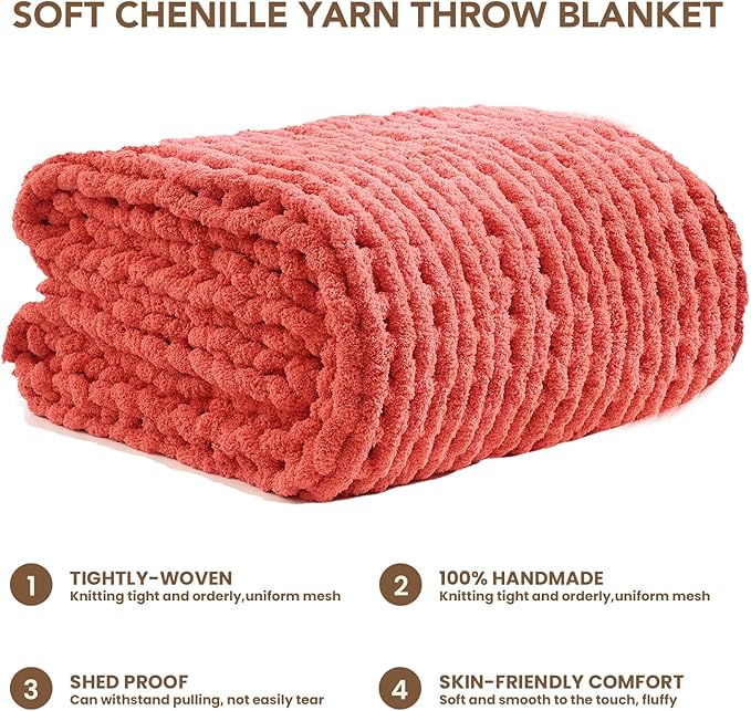L'AGRATY Chunky Knit Blanket Throw: 60''x80'' Chenille Chunky Knitted Throw Blankets for Twin Bed Couch - Handmade Thick Cable Knit Blanket - Large Crochet Rope Blankets for Home Decor(Coral Pink)
