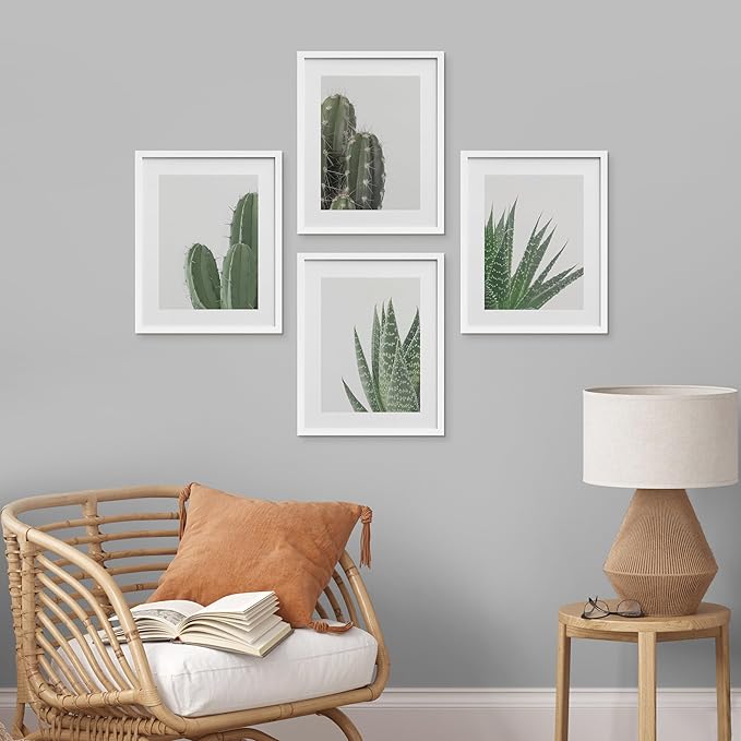 SIGNWIN Framed Green Cactus Snake Plant Wall Art, Set of 4 Collage Desert Landscape Wall Decor Prints, Nature Wilderness Wall Décor for Living Room, Bedroom - 8"x10" White