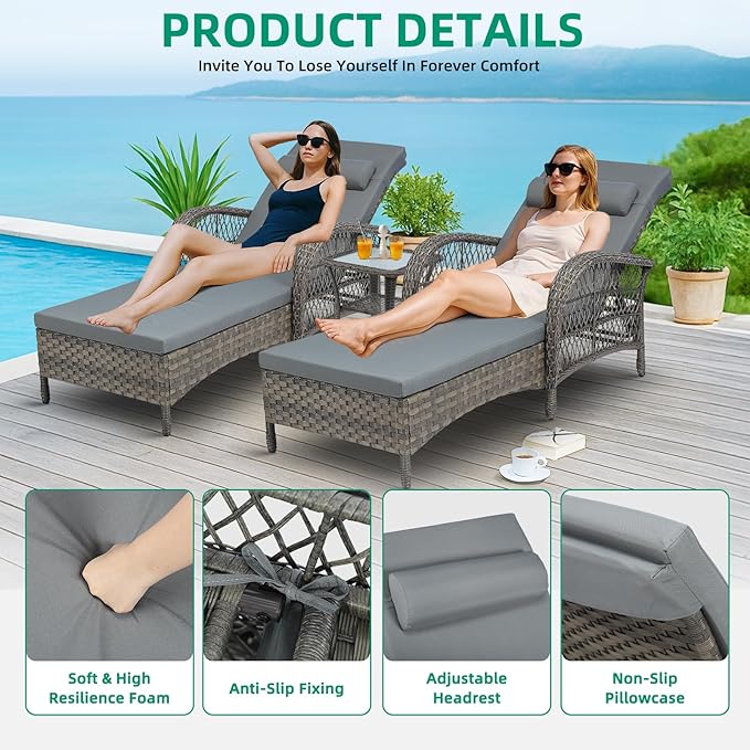 VIVIJASON 3 Pieces Outdoor Wicker Chaise Lounge Chair Set, All-Weather PE Rattan Cushioned Patio Lounger Set of 2 with Side Table, Adjustable Pool Sunbathing Recliner with Armrest & Pillow, Gray