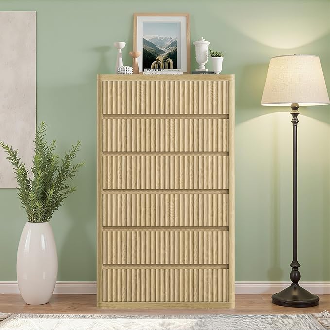 Fluted 6 Drawers Dresser for Bedroom, 56" Tall Modern Chest of Drawers with Curved Profile, Wooden Dressers Drawer Closet Clothes Storage Organizer for Living Room, Hallway, Natural