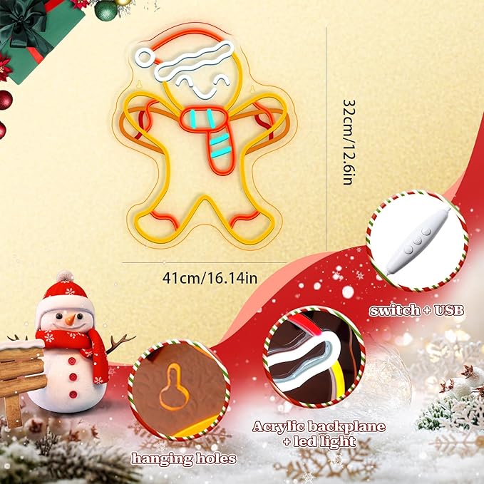 WLHOPE Gingerbread Man Neon Sign Santa Hat Neon Signs For Wall Decor Gingerbread Christmas Decorations Led Lights For Party Bar Club Bedroom Living Room Restaurant Shop Gifts USB Powered 16.14x12.6in