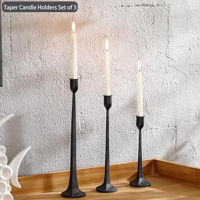 Black Taper Candle Holders Set of 3, Heavy Candlesticks Holders Decorative Candle Stand for Table Centerpiece, Cast Iron Candle Stick Holder Decor