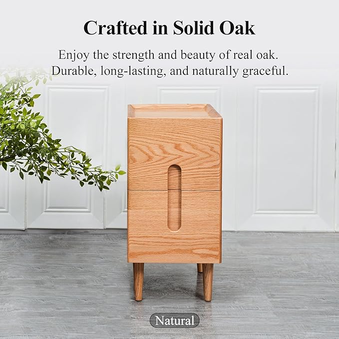 Mid Century Modern Nightstand, Narrow Nightstand, Minimalist Side Table for Bedroom, 2-Drawer Bedside Tables, (Natural, 9.84inches)