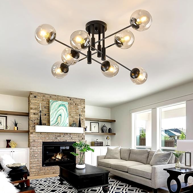 SZXYKEJI 8 Light Glass Globe Ceiling Light Black Mid Century Flush Mount Sputnik Light Fixture Bubble Chandelier Living Room Farmhouse for Dining Room Kitchen Bedroom.