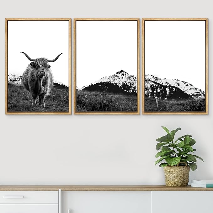 SIGNWIN 3 Piece Framed Canvas Wall Art Highland Cattle in Front of Snowy Mountain Duotone Black and White Canvas Prints Home Artwork Decoration for Living Room,Bedroom - 24"x36"x3 Natural