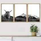 SIGNWIN 3 Piece Framed Canvas Wall Art Highland Cattle in Front of Snowy Mountain Duotone Black and White Canvas Prints Home Artwork Decoration for Living Room,Bedroom - 24"x36"x3 Natural