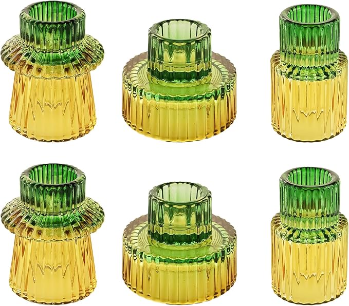 Double Sided Vintage Ribbed Taper Glass Candle Holders,Tea Candle Holder for Table Centerpieces, Wedding Decorations and Dinner Parties (Yellow Green, 6 PCS)