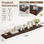 Floating Shelves, 8" Deep Rustic Solid Wood Wall Mounted Floating Shelves, Wall Shelves with Invisible Bracket for Living Room Bathroom Bedroom Kitchen, 55 Inch, Walnut