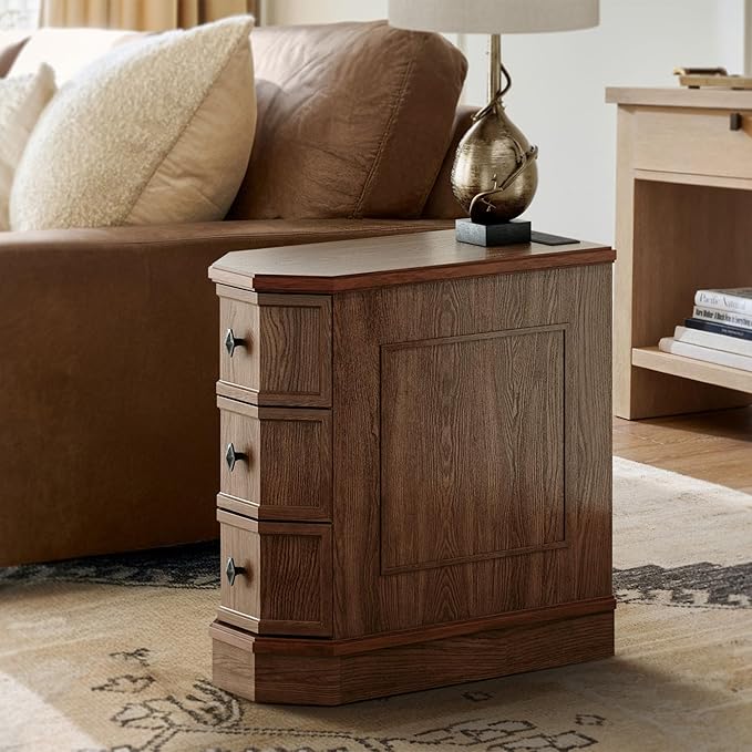 Nightstand Set of 2 with Charging Station, Vintage Wood End Table with 3 Drawer, Victoria Narrow Side Table, Slim Bedside Tables for Bedroom, Pre-Installation, Brown