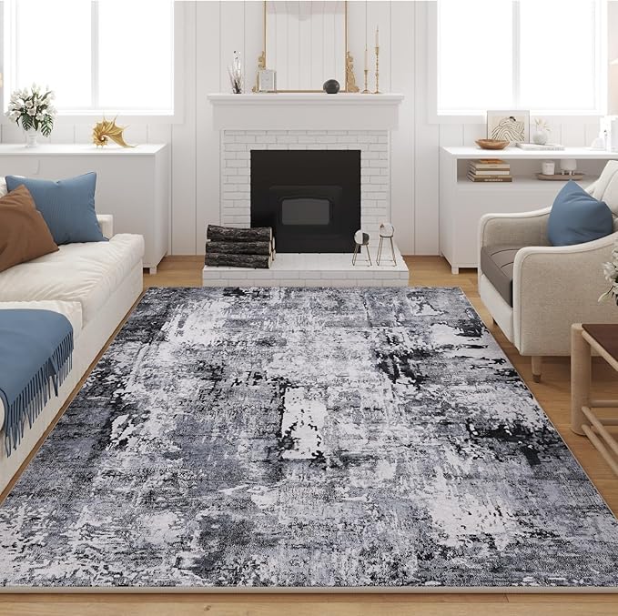 Rugcomf 9x12 Rug Washable Boho Rug Soft Large Area Rug Non-Slip Non-Shedding Faux Wool Vintage Rug for Living Room, Farmhouse, Dining Room, Indoor, Kids Playroom, Grey and Black