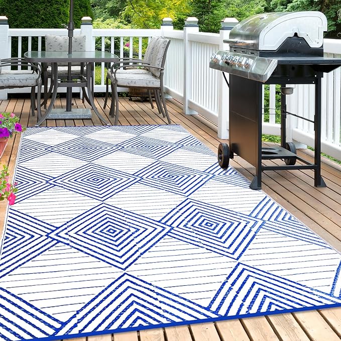 Waterproof Outdoor Rug 6x9ft, Foldable Reversible Plastic Straw Mat for Patio RV Deck Porch Backyard Balcony Camping Picnic Beach Indoor Outdoor Carpet, Blue&White