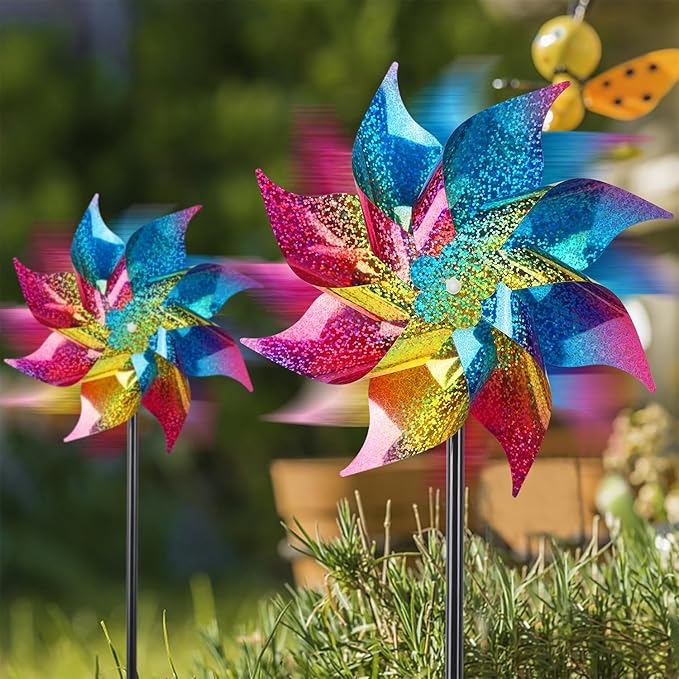 Hausse 10 Pack Reflective Pinwheels Wind Spinner, Extra Sparkly Rainbow Pinwheel with Stakes, Bird Repellent Blinder Devices Deterrent to Scare Birds Away from Yard Patio Farm Garden, Colorful