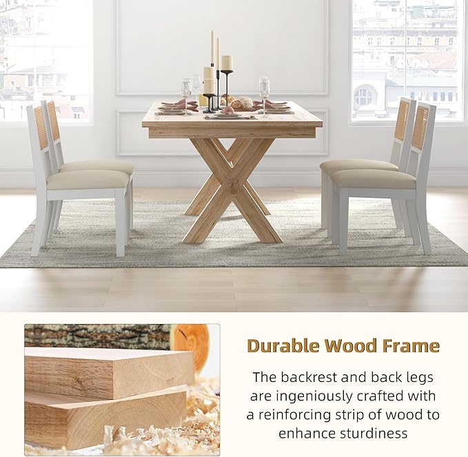 Westice Rattan Dining Chairs Set of 6, Farmhouse Natural Dining Room Chairs with Upholstered Cushion, Wood Armless Chairs for Kitchen/Restaurant, White