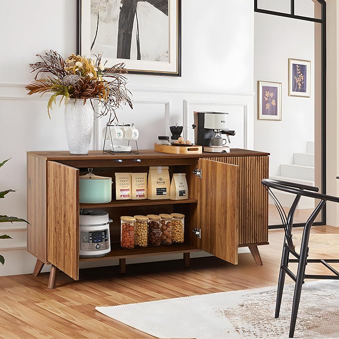 Fluted Sideboard Buffet Cabinet with Storage, Modern Storage Cabinet with 3 Doors, Wood Credenza Buffet Sideboards, Console Table for Kitchen Dining Living Room Entryway (Walnut)