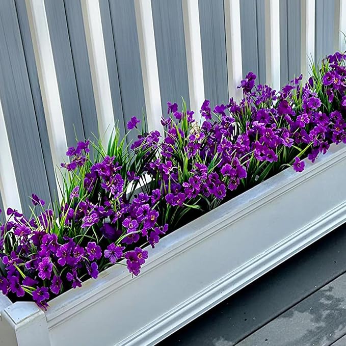 20 Bundles Artificial Flowers for Outdoors, UV Resistant Fake Realistic Flowers with Plastic Plants Spring Decor, Faux Silk Flowers for Outside Window Box Front Porch Planter Decor-Purple