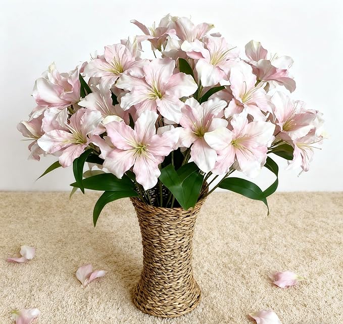 10-Bud Artificial Lily Flowers, 4 Pcs Fake Outdoor Flowers, UV Resistant Faux Flowers for Outdoor Planters, Silk Flowers for Wedding Decoration (Pink)