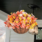 Artificial Fall Flowers Fake Hanging Plants Flowers Basket for Outdoors Autumn Decoration, Silk Morning Glory with Eucalyptus Look Real UV Resistant Faux Flowers for Outside Porch Patio Balcony, Mix