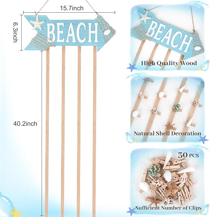 Coastal Style Hanging Photo Display Holder with 30 Clips (10 Shell Clips), Wooden Frames Wall Picture Organizer for Beach Decor, Collage Display, Postcards, Holiday Cards & Home Decoration