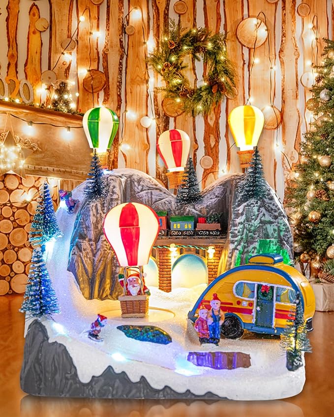Bdor Christmas Village Lighted Decoration Musical Animated Display Christmas Collectible Ballon House Battery Operated Resin Indoor Decor