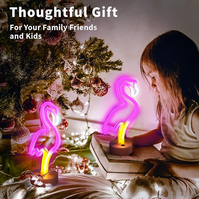 BRIGHTDECK 2 Pack Flamingo Neon Signs, LED Pink Flamingo Neon Sign Battery Operated or USB Powered Decoration Lamp, Flamingo Lights Decor for Bedroom, Wedding, Party, Pink Room Decor