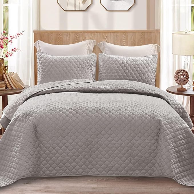 Exclusivo Mezcla Reversible King Size Quilt Bedding Set with Pillow Shams, Lightweight Quilts King Size, Soft Bedspreads Bed Coverlets for All Seasons - (Light Grey, 104"x96")