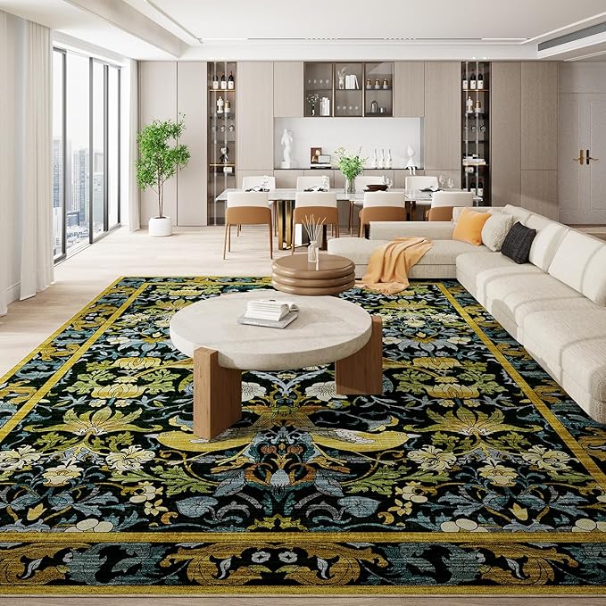 Topllen Washable Area Rug - Area Rug 8'x10' Boho Soft Living Room Rug, Non-Slip Large Area Rugs Indoor for Dining Room Livingroom Bedroom, Vintage Rug (Dark Green, 8x10ft)