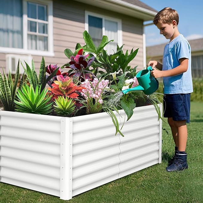Galvanized Raised Garden Bed Outdoor, 2 Pcs 6x3x2FT Outdoor Large Planter Raised Beds Open Base with Safety Edge and Glove for Vegetables Flowers Ground Planter, White
